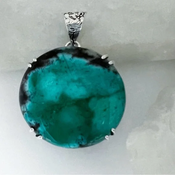 Round Dendritic Opal Gemstone Pendant Solid Sterling Silver 925 Handmade New - Picture 5 of 7